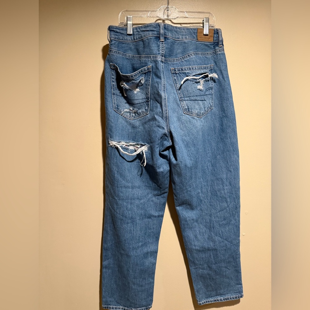 NWT American Eagle Mom Straight Jean Blue Denim plaid patchwork size 8 reg - Picture 6 of 12